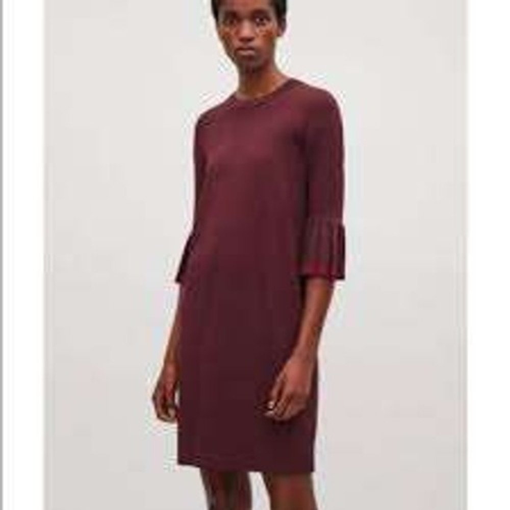 COS Burgundy Knit Pleated Bell Sleeve Shift‎ Dress Wine Red XS